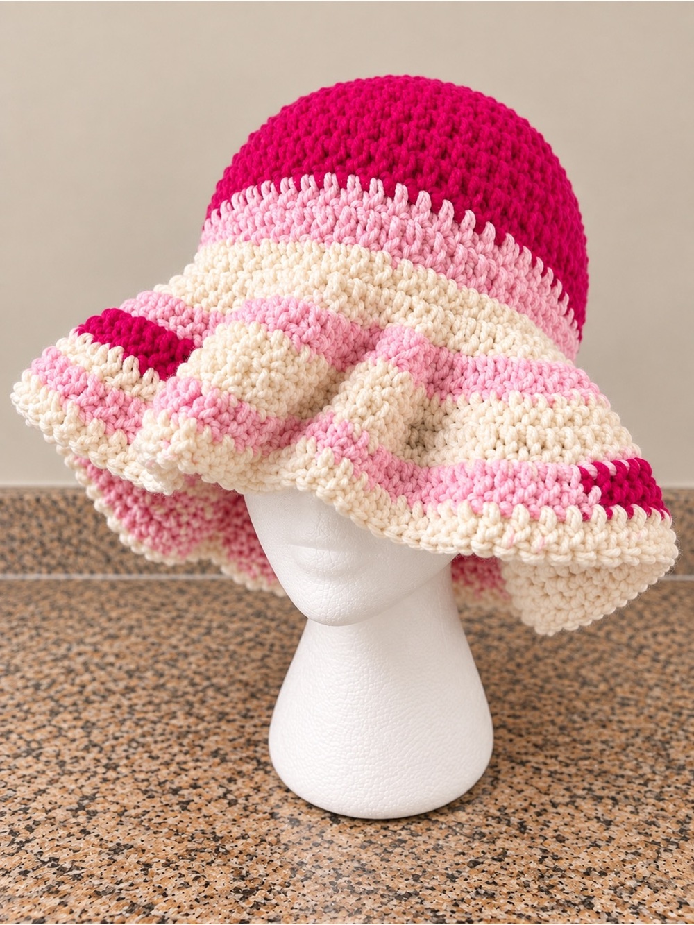 Crochet Sun Hat - Pink & Cream